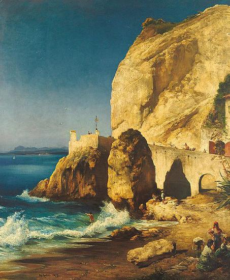 Piece on the shores of Capri with people, Albert Hertel